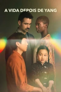 4 pessoas: casal adulto sério, um menino e uma menina com tranças de mãos dadas. Raios de luz coloridos em fundo escuro. Clima pensativo.