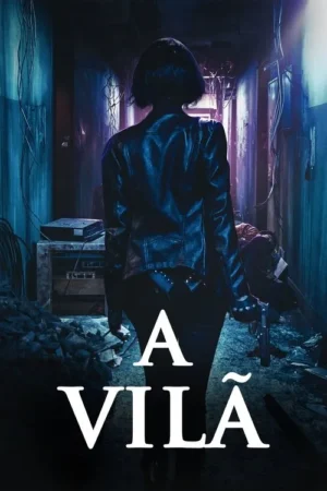 Mulher de jaqueta de couro e arma, de costas, em corredor escuro e destruído. Há uma pessoa caída ao fundo. Clima sombrio e tenso.