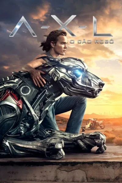 Jovem com cão robô metálico de olhos azuis brilhantes, sentados em deserto ao pôr do sol. Cidade distante ao fundo.