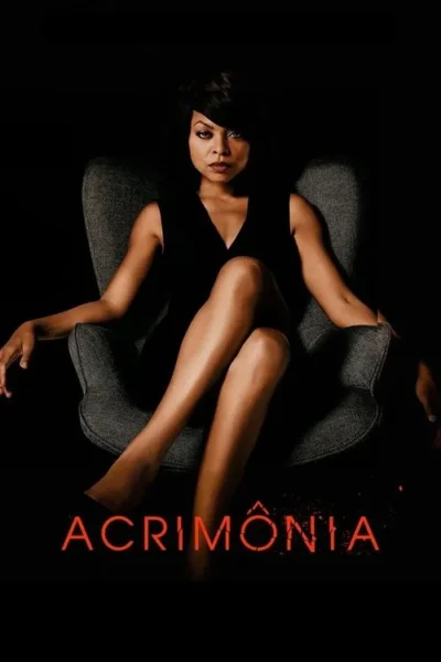 Mulher de vestido preto sentada numa poltrona, pernas cruzadas, olhar intenso. Fundo escuro, clima misterioso e dramático.