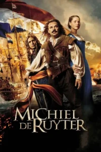 Três personagens em trajes históricos sobre fundo de batalha naval. Navios holandeses em chamas e céu dramático. Clima épico.