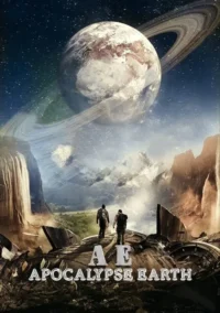 Pôster sci-fi:Dois exploradores em ruínas olham um cenário de montanhas,cachoeiras e um vasto planeta anelado no céu.