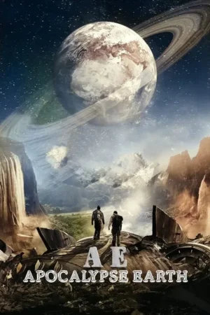 Pôster sci-fi: Dois exploradores em ruínas olham um cenário de montanhas, cachoeiras e um vasto planeta anelado no céu.