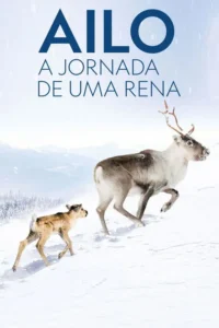 Uma rena adulta e um filhote correm em uma paisagem montanhosa coberta de neve,com neve caindo. Clima de jornada selvagem.