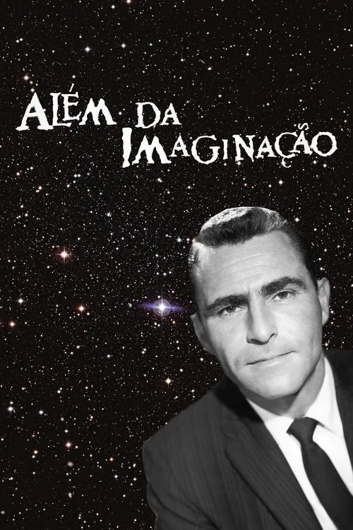 Homem sério de terno em preto e branco olha para frente. Fundo escuro com muitas estrelas cintilantes. Atmosfera de mistério cósmico.