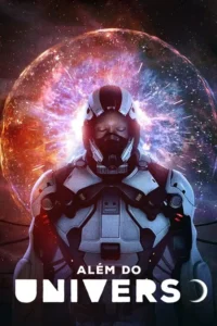 Uma figura em traje espacial futurista,olhos fechados,em frente a uma esfera cósmica brilhante e colorida. Cena sci-fi misteriosa.