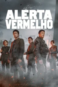 Cinco personagens sérios (3 homens,2 mulheres),um em uniforme militar,em uma cidade destruída e enfumaçada. Faíscas no chão sugerem perigo e ação intensa.