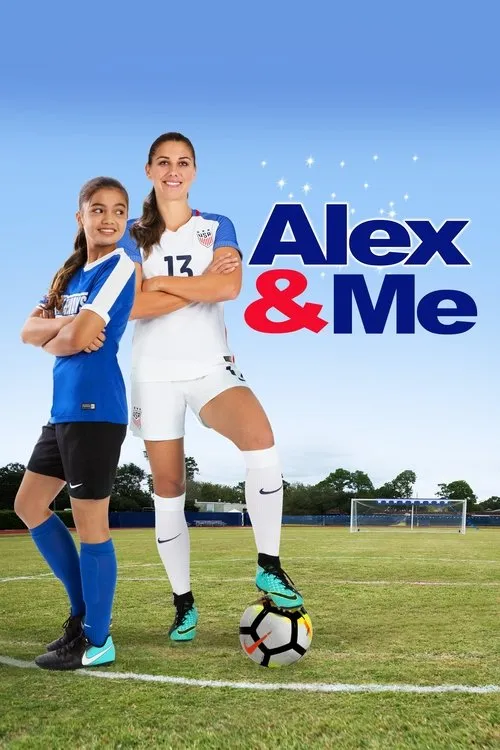 Pôster:Mulher adulta com camisa dos EUA e uma garota de uniforme de futebol sorriem em campo. Uma pisa na bola. Clima inspirador.