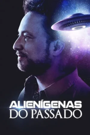 Homem de perfil, com barba, olha à esquerda. Um OVNI emite luz brilhante num fundo espacial roxo e estrelado. Atmosfera de ficção científica.