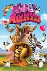 Pôster animado com leão, zebra, girafa, hipopótamo, lêmures e pinguins sorrindo em um campo. Muitos corações vermelhos e clima de celebração.