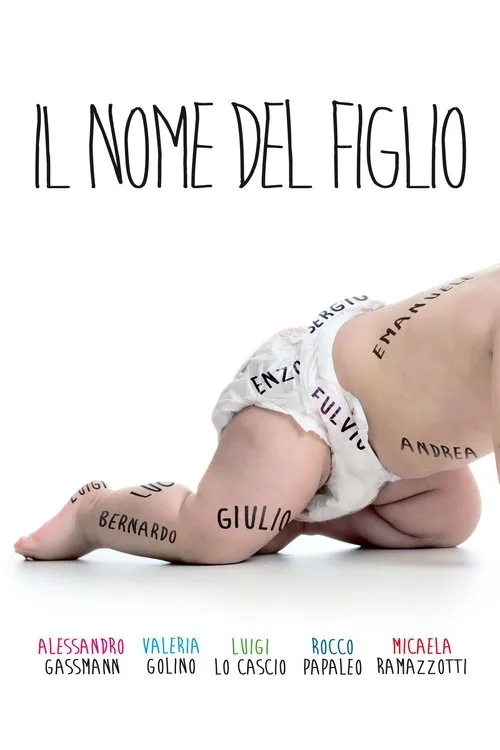 Pôster:um bebê de fralda engatinhando sobre um fundo branco. Nomes como Giulio e Andrea estão escritos na pele e fralda.