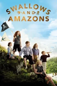 Seis jovens aventureiros em um morro gramado. Alguns seguram bandeiras e um telescópio. Fundo:lago,barcos,céu azul.