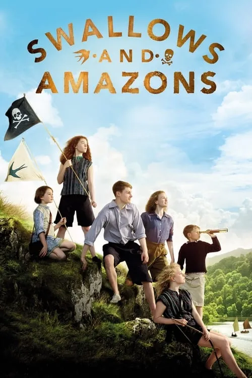 Andorinhas e Amazonas 1 Seis jovens aventureiros em um morro gramado. Alguns seguram bandeiras e um telescópio. Fundo:lago,barcos,céu azul.