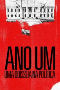 Pôster vermelho. Casa Branca rachada de ponta-cabeça e bandeira americana desintegrando-se. Clima de colapso político.
