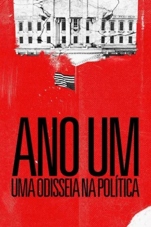 Pôster vermelho. Casa Branca rachada de ponta-cabeça e bandeira americana desintegrando-se. Clima de colapso político.