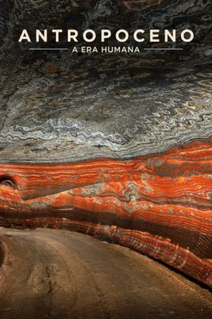 Pôster: Camadas rochosas onduladas em tons de cinza, branco e laranja vibrante sobre chão terroso escuro. Cenário geológico e impactante.