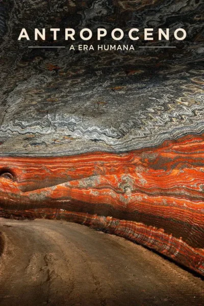 Pôster: Camadas rochosas onduladas em tons de cinza, branco e laranja vibrante sobre chão terroso escuro. Cenário geológico e impactante.
