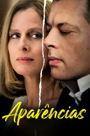 Pôster: Mulher loira e homem sério, rostos divididos verticalmente por uma linha rasgada. Clima de drama e separação.