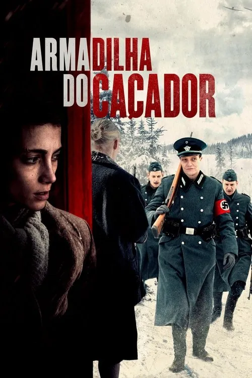 Jovem mulher preocupada espreita. Soldados com suásticas e rifles caminham na neve,floresta ao fundo. Tensão invernal.