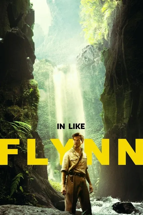 As Aventuras de Errol Flynn 1 Homem com roupas de aventureiro em selva tropical exuberante. Cachoeiras e rochas imponentes no cenário. Clima de aventura e exploração.