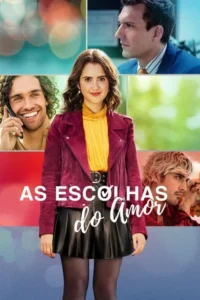Pôster colorido:mulher sorrindo no centro,com jaqueta vinho,cercada por três homens em poses variadas. Clima romântico e leve.