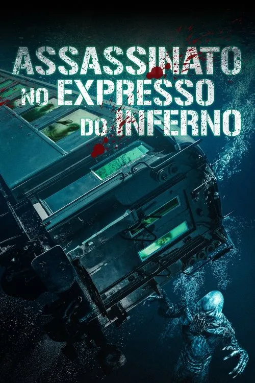 Trem submerso em águas escuras e turbulentas, com figuras pálidas nas janelas. Um monstro azulado com garras emerge no canto.