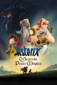 Pôster animado. Um druida com foice dourada,um homem musculoso e um pequeno guerreiro,junto a um menino. Um vilão sombrio espreita sobre paisagem verde.
