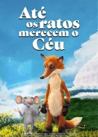 Pôster stop-motion:uma raposa e um rato cinza em um campo verde com céu azul e nuvens fofas. Ambiente amigável.