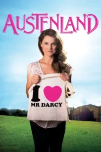 Mulher sorri segurando sacola com I ❤️ MR DARCY. Campo verde,céu claro e mansão ao fundo. Clima romântico e leve.
