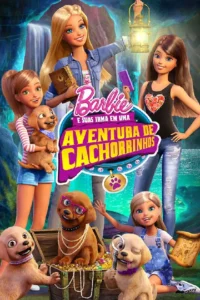 Pôster colorido:Quatro garotas e filhotes fofos em caverna com cachoeira. Elas exploram um tesouro brilhante com mapa e lanterna. Aventura animada.