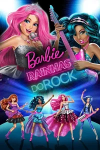 Banda de rock feminina animada em palco vibrante. Vocalista de cabelo rosa e guitarrista de cabelo azul em destaque com outras 4 instrumentistas.