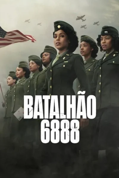 Pôster com mulheres negras em uniformes militares, olhando à frente. Bandeira dos EUA e aviões no céu. Clima de época e determinação.