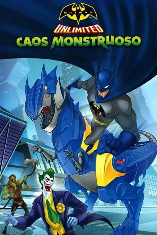 Herói de capa azul cavalga um dinossauro robô azul gigante,enfrentando um vilão sorridente e um monstro em cidade futurista vibrante.