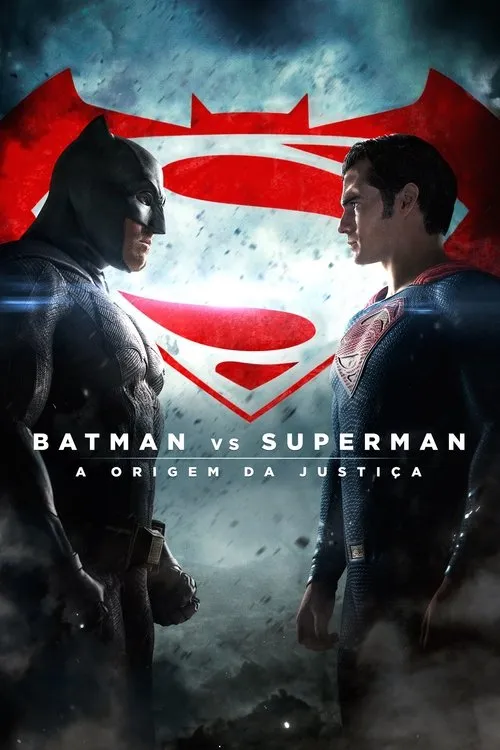 Batman vs Superman:A Origem da Justiça 1 Um herói mascarado e outro em azul com 'S'no peito se encaram sob céu tempestuoso com emblema vermelho.
