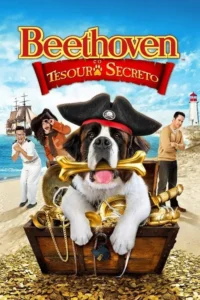 Um São Bernardo pirata em baú de tesouros dourados. Homens numa praia ensolarada com navio e farol. Aventura cômica.