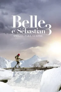 Um menino de gorro vermelho e um cão branco cruzam cautelosamente uma ponte de tronco sobre um vale nevado. Montanhas, sol no céu.