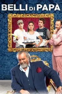Um patriarca barbudo sorri em um trono. Acima,um quadro dourado mostra quatro jovens em trabalhos simples. Fundo azul clássico.