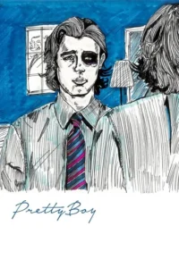 Pôster ilustrado: Homem sério com olho roxo, camisa/gravata, e figura atrás, em quarto azul. Clima sombrio.