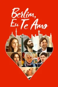 Pôster vermelho com silhueta de cidade. Várias faces de atores de diferentes idades e expressões em formato de coração,clima romântico.