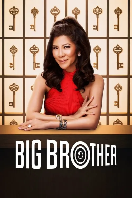Big Brother 1 Mulher sorridente de top vermelho em balcão. Fundo com painéis iluminados e chaves douradas,criando um clima misterioso.