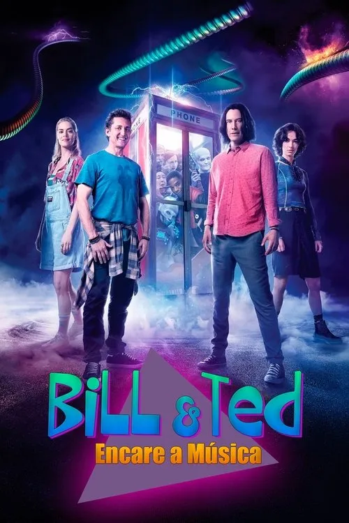 Bill &Ted:Encare a Música 1 Quatro pessoas posam:dois homens e duas mulheres. Ao centro,uma cabine telefônica cheia de figuras. Fundo sci-fi roxo com raios e nuvens.