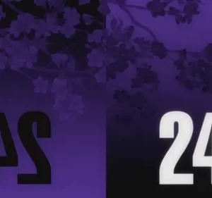 Pôster roxo escuro com ramos de cerejeira em silhueta. Grandes números 04S e 240 se destacam na metade inferior.