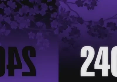 Pôster roxo escuro com ramos de cerejeira em silhueta. Grandes números 04S e 240 se destacam na metade inferior.