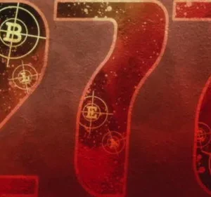 Números 277 vermelhos e texturizados, com alvos e símbolos de criptomoedas. Clima sombrio e tecnológico.