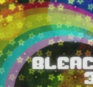 Fundo escuro com grande arco-íris colorido e estrelas brilhantes borradas. Visual vibrante e festivo.