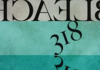 Pôster minimalista. Topo cinza com letras pretas invertidas. Números '318' inclinados sobre água azul-esverdeada e sua reflexão abaixo.