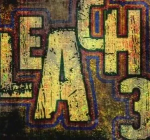 Pôster: Texto vibrante e estilizado em amarelo-dourado com contornos azuis e vermelhos sobre fundo escuro e rústico. Clima grunge.