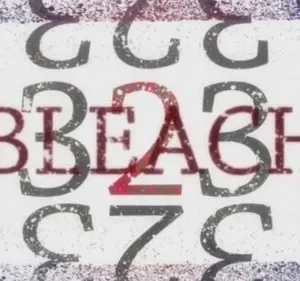 Fundo branco com salpicos de tinta. Múltiplas letras e números cinzas sobrepõem-se, com texto vermelho translúcido no centro. Clima abstrato.