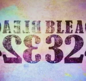 Texto e número '324' em estilo grunge, espelhados, sobre fundo abstrato vibrante de aquarela roxa, azul e rosa.