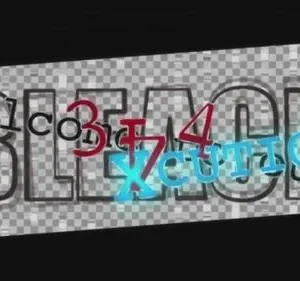 Título digital. Letras grandes BLEACH vazadas, com padrão quadriculado. Textos welcome, 3, 4, X_CUTION, our sobrepostos.